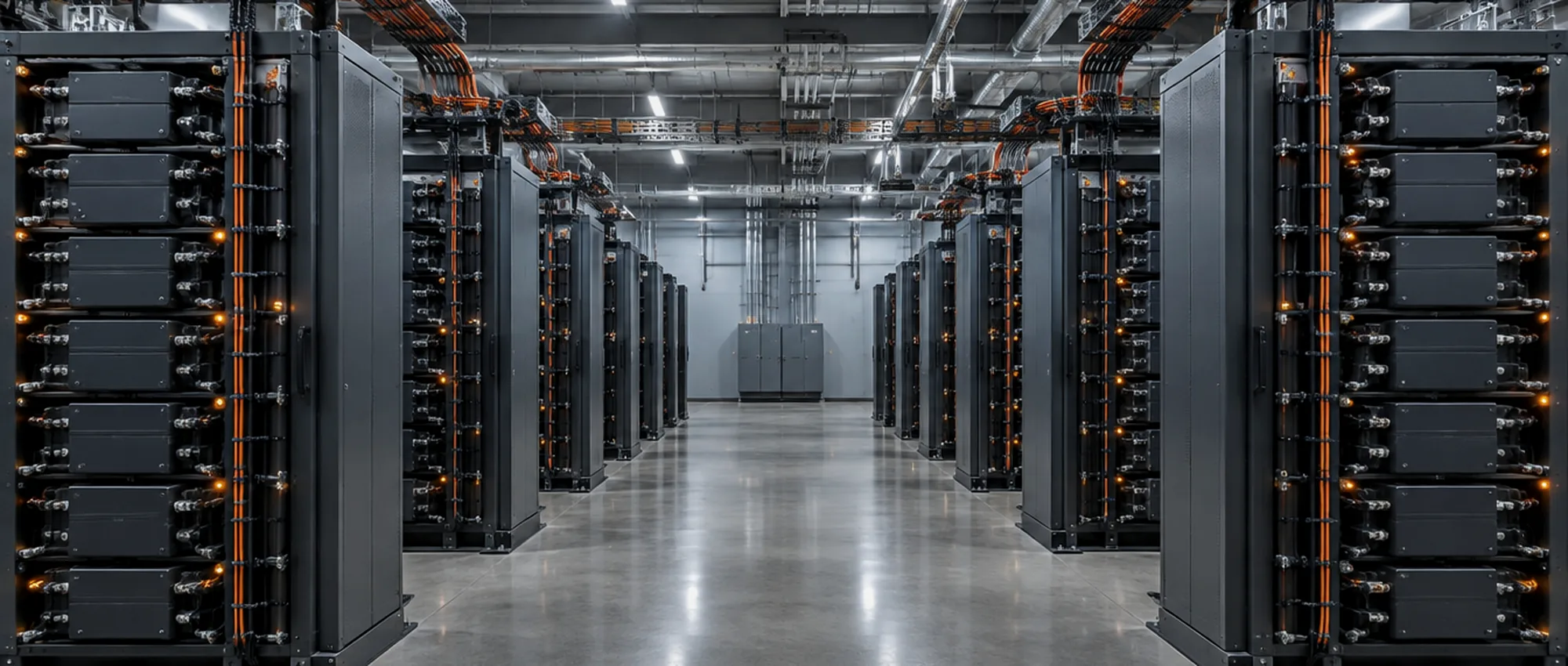 Rows of battery racks inside a grid-scale energy storage hall.