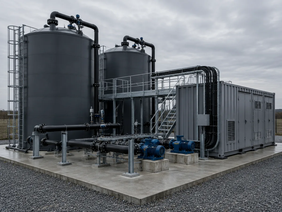 Vanadium flow battery installation: two electrolyte storage tanks, pumps and a power conversion container on a concrete pad.